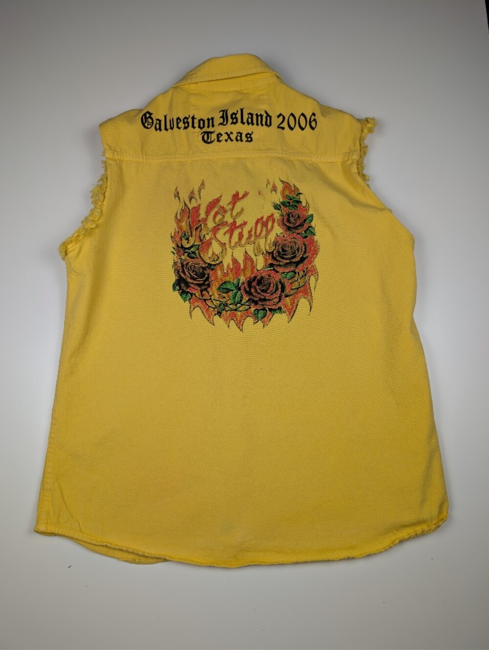 Y2K Galveston TX Distressed Sleeveless Denim Shirt Yellow Womens XL Hot Stuff